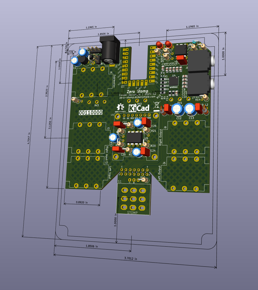 3D rendering of Zero Stomp board in KiCad